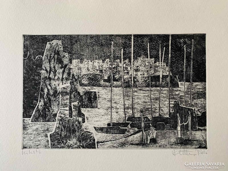 Béla Stettner (1926-2006) harbor (circa 1967) c. Etching /15.5x25 cm/
