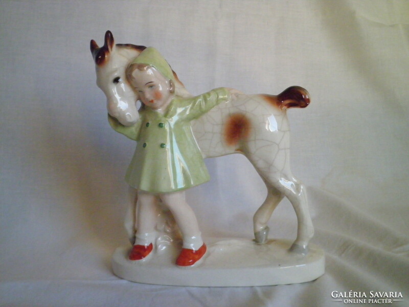 Régi Német figurális porcelán, kislány lóval, kis csikóval
