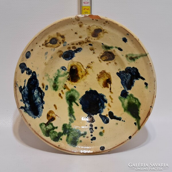 Folk ceramic wall plate with blue, green, brown glaze spots, off-white glaze (2799)