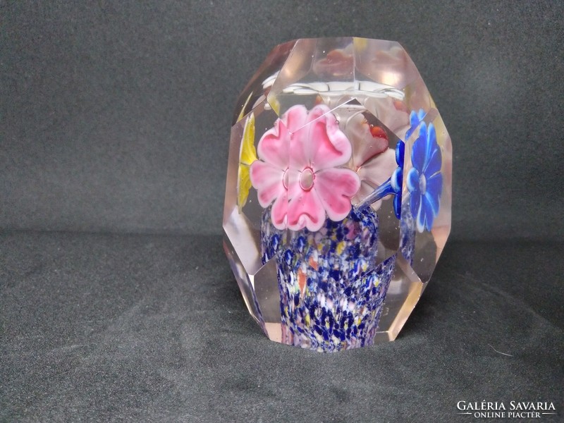 Faceted glass paperweight - colorful flowers