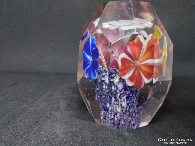 Faceted glass paperweight - colorful flowers