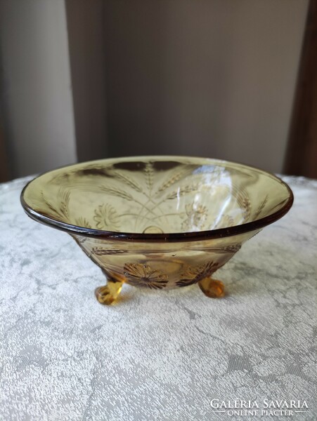 Antique ear of corn and flower motif pale amber three-legged glass serving bowl