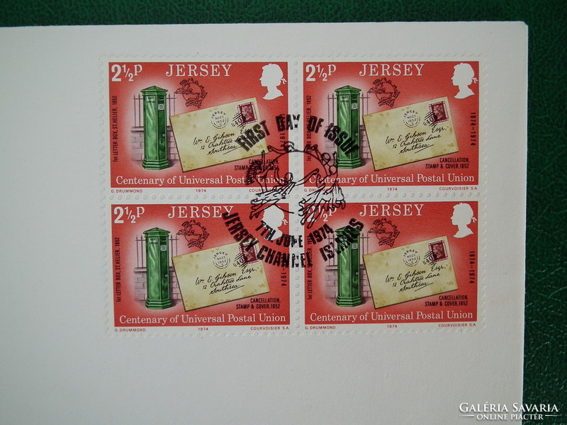 1974. Great Britain - jersey - 4pc fdc - 100 years upu, postal vehicles stamped with blocks of four