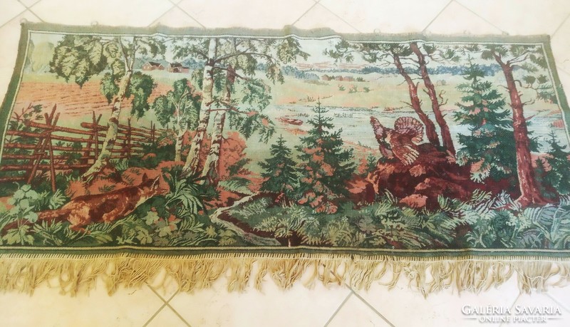 Black grouse and fox - tapestry woven wall protector, wall hanging