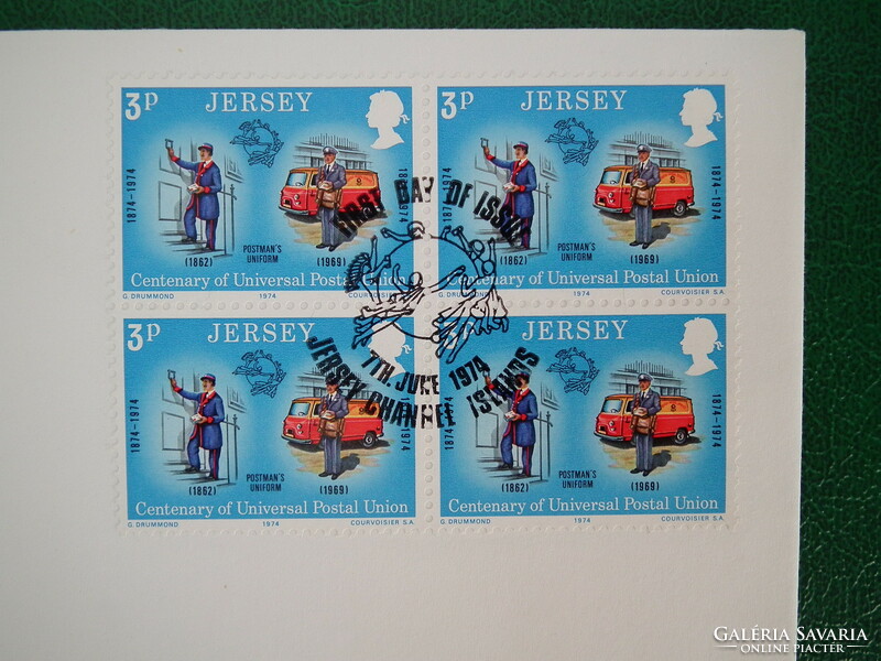 1974. Great Britain - jersey - 4pc fdc - 100 years upu, postal vehicles stamped with blocks of four