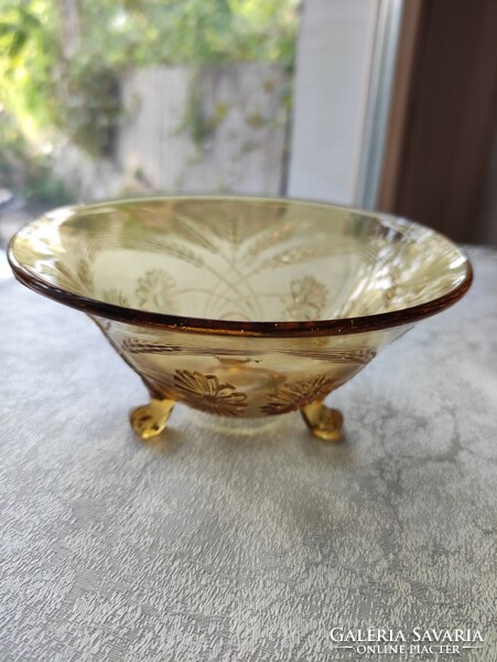 Antique ear of corn and flower motif pale amber three-legged glass serving bowl