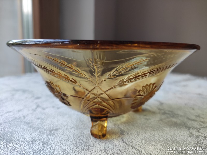 Antique ear of corn and flower motif pale amber three-legged glass serving bowl
