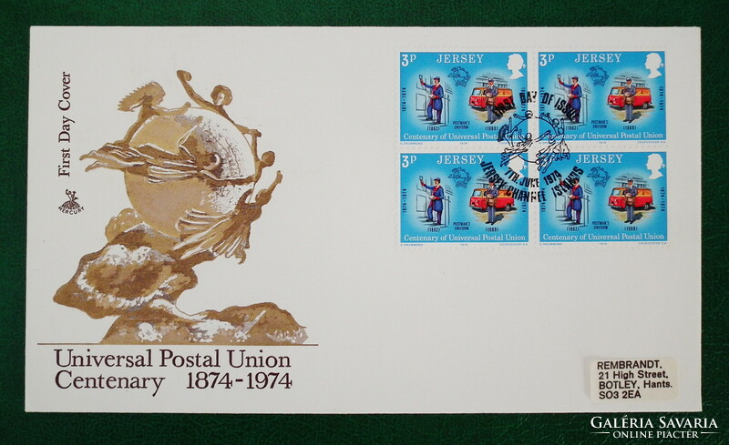 1974. Great Britain - jersey - 4pc fdc - 100 years upu, postal vehicles stamped with blocks of four