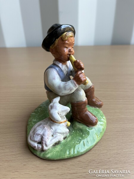 Izsépy ceramic flute playing boy with lamb a58