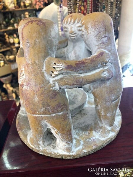 Antique Mexican candle holder, between friends, made of stone, 22 x 20 cm.