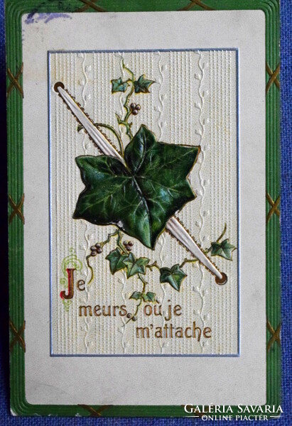 Antique embossed romantic greeting card - ivy leaf with message