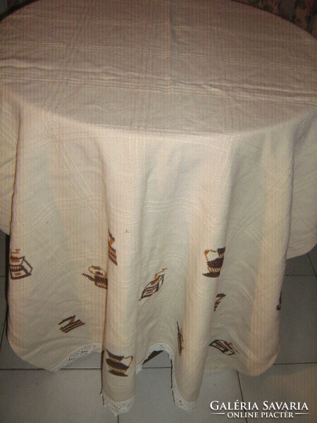 Pair of beautiful hand embroidered crochet bottom butter-colored woven curtains