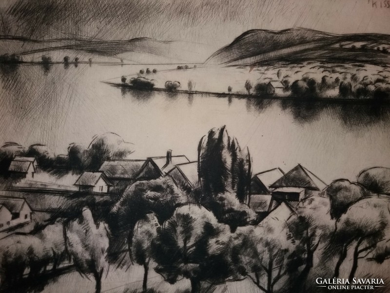 An etching by Terézia Kiss of the Danube bend without a frame according to the pictures