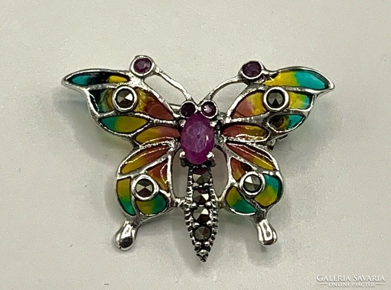 Butterfly silver brooch with marcasite and fire enamel silver /925/ --new