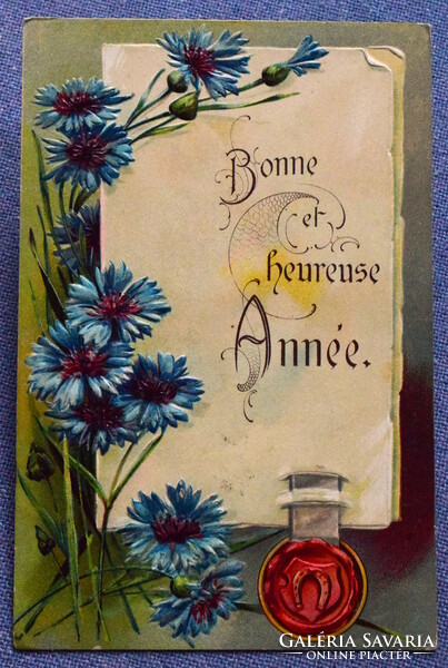 Antik dombornyomott Újévi üdvözlő képeslap - pergamen pecséttel szerencsepatkó szalmavirág
