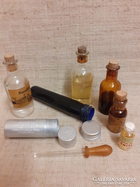 Old metal and other medicine bottles boxes with dropper in one