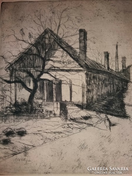 The work of István Élesdy (1912 - 1987) is an etching of village life without a frame according to the pictures