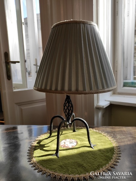 Vintage wrought iron table / bedside lamp with apple green layered silk lampshade