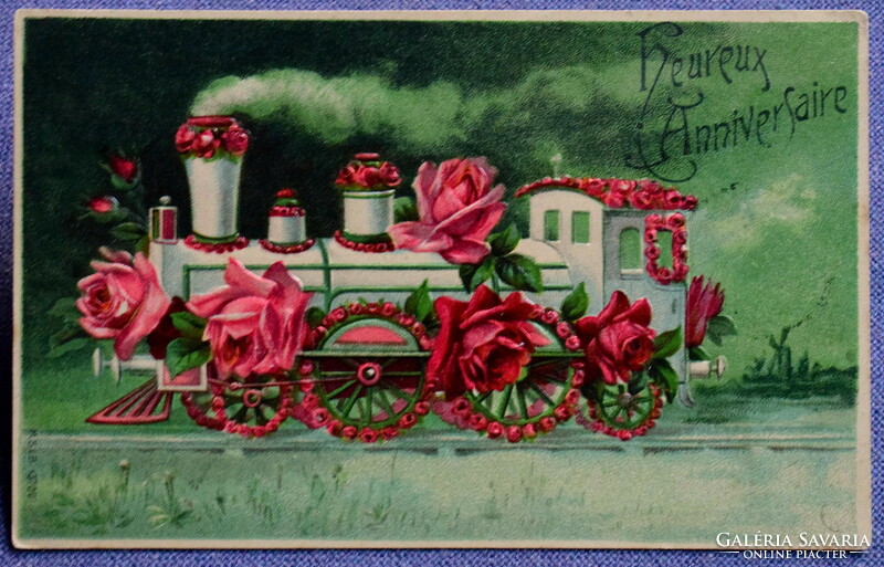 Antik dombornyomott üdvözlő litho képeslap -  mozdony rózsákkal