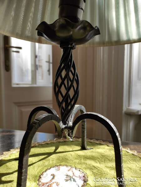 Vintage wrought iron table / bedside lamp with apple green layered silk lampshade