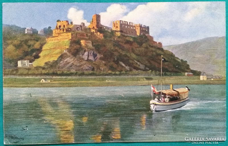 Antik tájkép képeslap, Rheinfels-kastély, Németország, művészet, futott