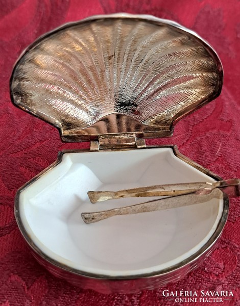 Silver-plated shell medicinal, miniature pill box with tweezers (l4172)