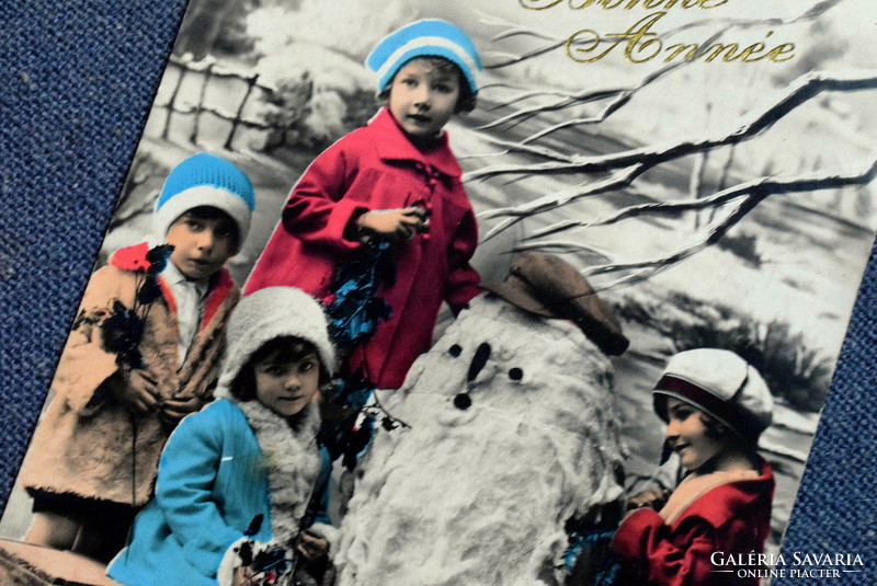 Antik Újévi üdvözlő fotó képeslap  -   kisgyerekek vatta hóemberrel