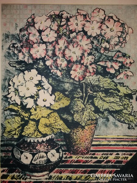 Artwork by István Imre Id. (1918-1983): peonies linocut without frame according to the pictures