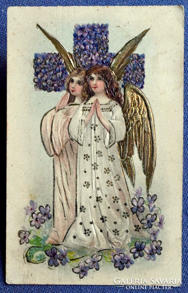 Antique embossed greeting card - angels with golden wings / faith / cross symbol in violet
