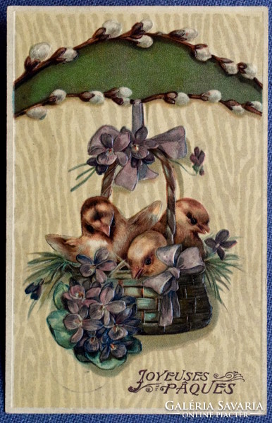 Antique embossed Easter greeting card - chicks in a basket violet and barka