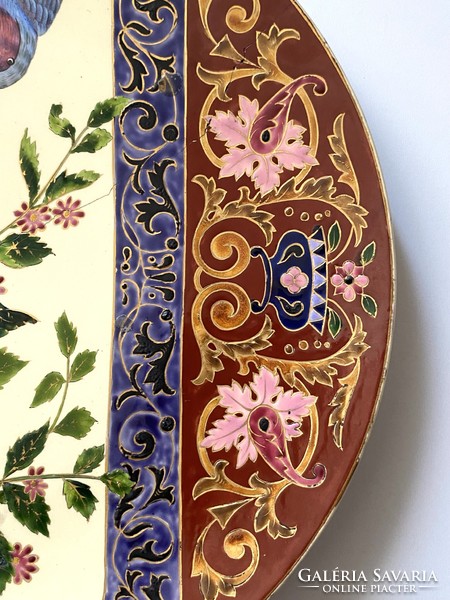 Hüttl tivadar antique porcelain wall plate with historicizing plastic painting and bird decoration