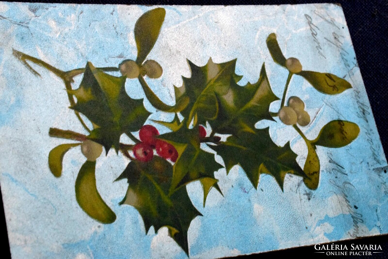 Antique greeting card with silver background - holly and mistletoe from 1904