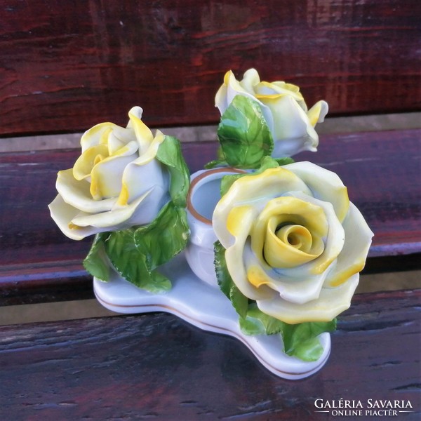 Yellow rose candle holder from Herend is slightly damaged