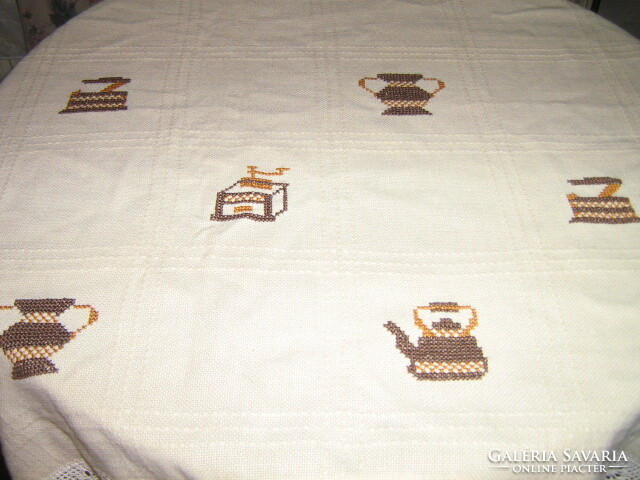 Pair of beautiful hand embroidered crochet bottom butter-colored woven curtains