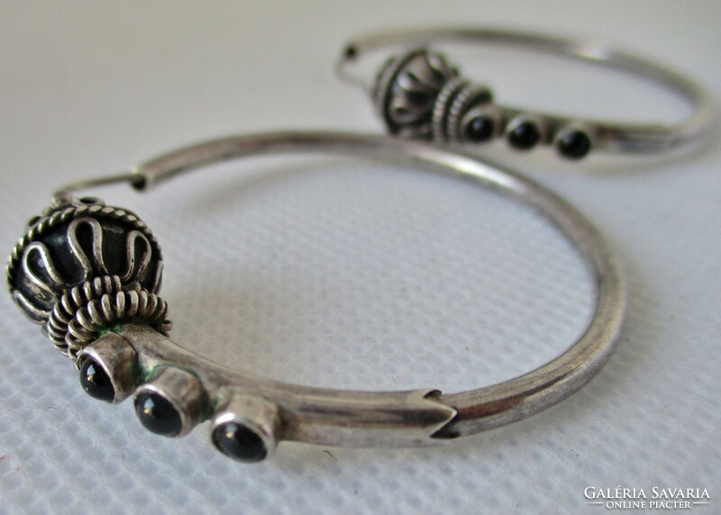 Beautiful old handmade large silver hoop earrings with onyx stones