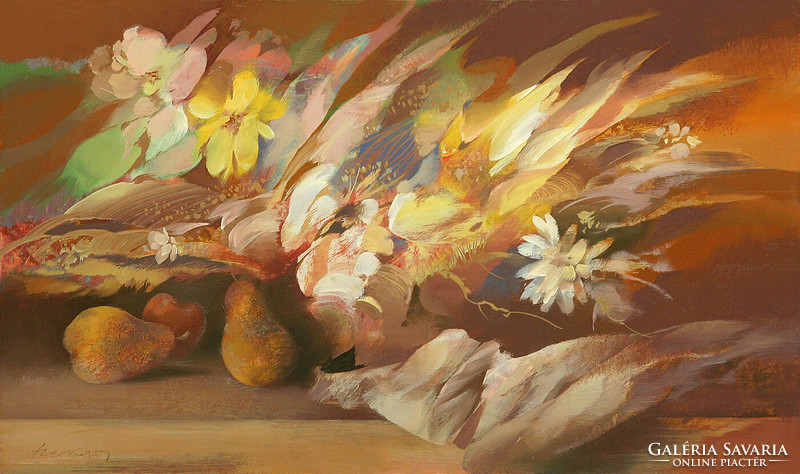Emil Szekeres: Pears and flowers - with frame 40x60 cm - artwork: 30x50 cm - 2397/186