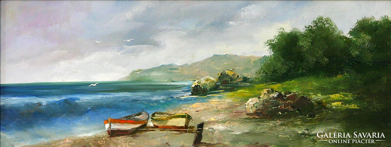 Reinhardt István: Tópart - keretezve 30x60 cm - alkotás 20x50 cm - 2306/011