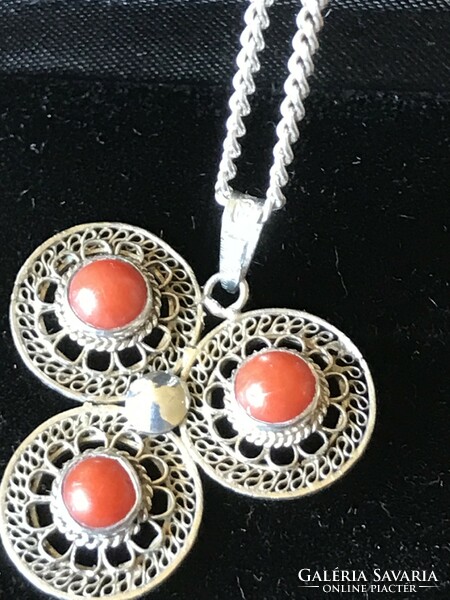 Silver necklace with coral stone pendant