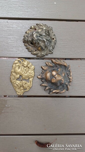 Lion's head 2 types and art nouveau brass ornament, all cast, iron, copper, bronze.