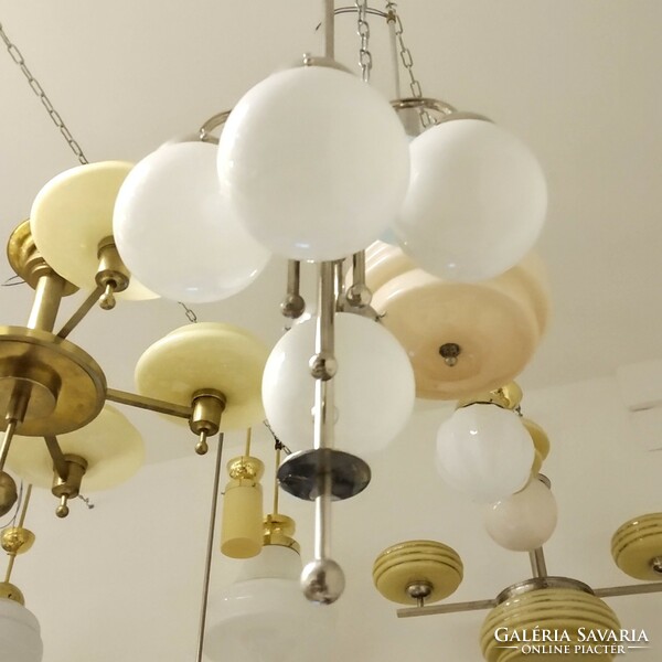 Art deco - streamline - bauhaus 4-arm nickel-plated chandelier renovated - milk glass spherical shade