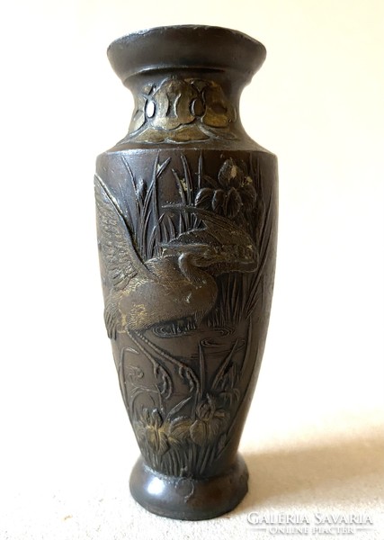Antique Asian pewter vase with bird and reed decoration 9 cm