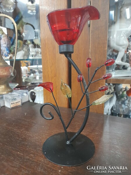 Metal, colored glass flower candle holder, table decoration. 21.5 Cm.