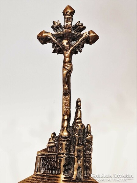 Antique copper standing crucifix with the Máriazell Basilica - 19th century memorial