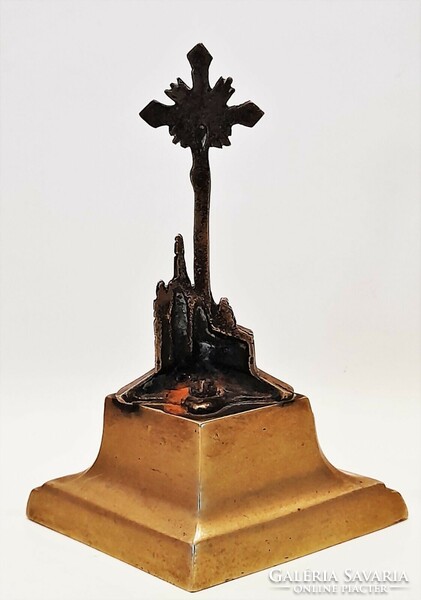 Antique copper standing crucifix with the Máriazell Basilica - 19th century memorial