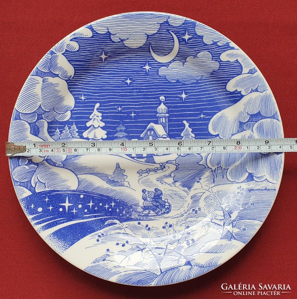 Angol jelenetes kék porcelán tányér karácsonyi mintával