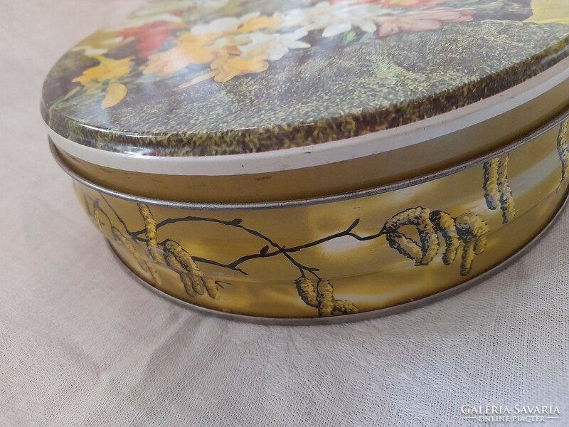 Old floral metal round cookie box, spring/Easter decor