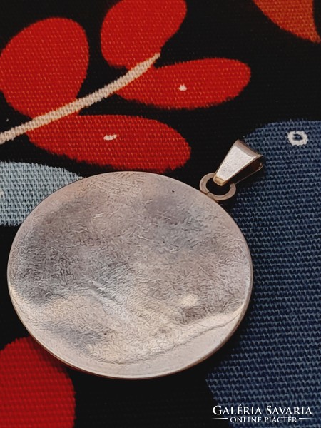Silver-plated fire enamel pendant, painted enamel with a romantic scene, 3.1 cm