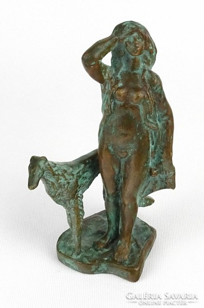 1P136 rado Károly bronze sculpture: female nude with dog 18 cm