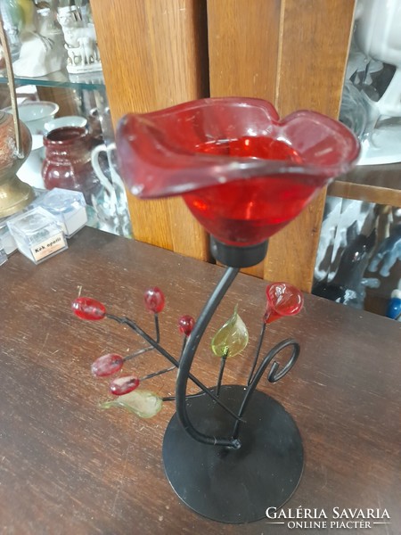 Metal, colored glass flower candle holder, table decoration. 21.5 Cm.