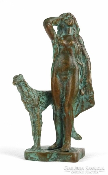 1P136 Radó Károly bronz kisplasztika : Női akt kutyával 18 cm